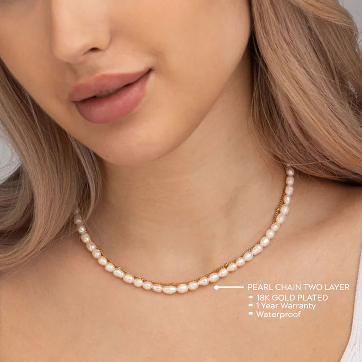 Shop Pearl Chain Two Layer Necklace- 18k Gold Plated Palmonas-3