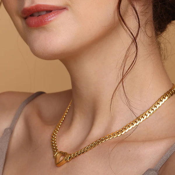Cuban Chain Hollow Heart Necklace | 18K Gold Plated