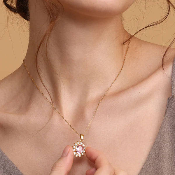 Pink Sapphire and Diamond Halo Pendant | 18k Gold Plated