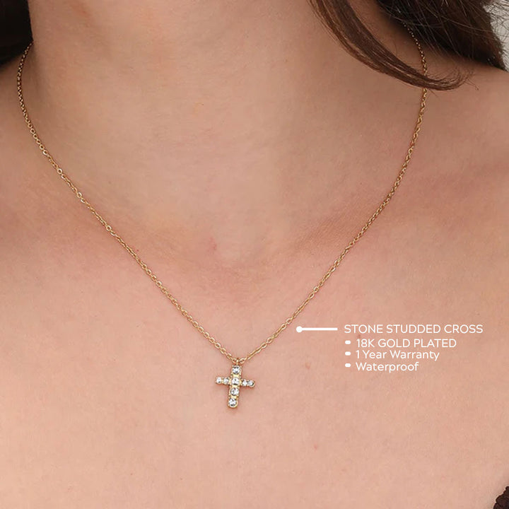 Shop Stone Studded Cross Necklace- 18k Gold Plated Palmonas-2