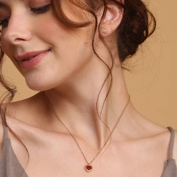 Red Emerald Heart Pendant Necklace | 18k Gold Plated