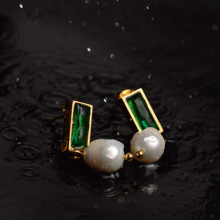 Green Stone Pearl Latest Dangle Earrings- 18k Gold Plated - palmonas