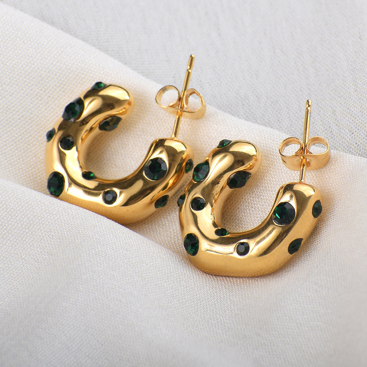 Green Stone Studded Hoop Earrings for Women- 18k Gold Plated - palmonas