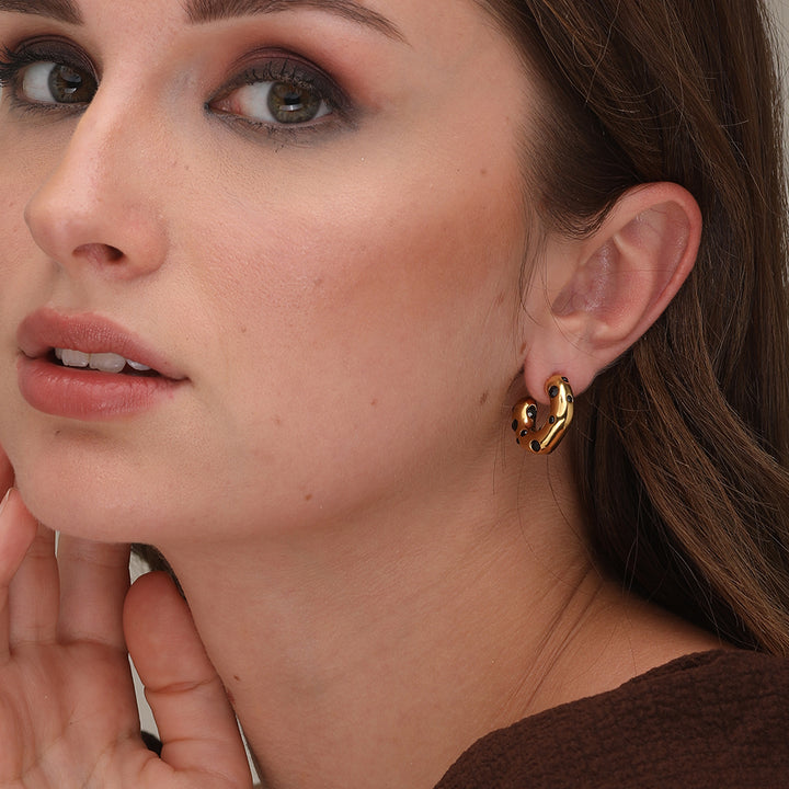 Black Stones Hoop Earrings for Daily Use for Women -18k Gold Plated - palmonas 