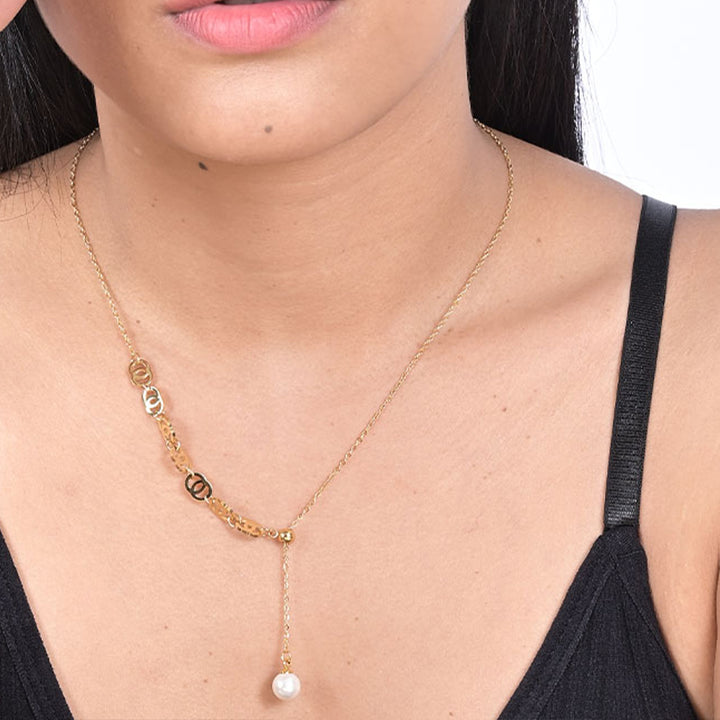 Shop Double Round Geomatric Dangling Pearl Necklace | 18k Gold Plated Palmonas-2