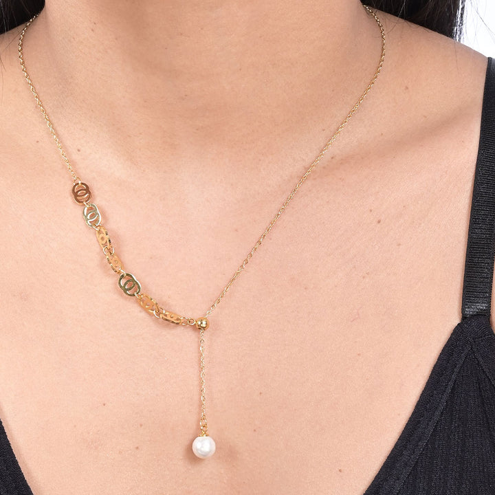 Shop Double Round Geomatric Dangling Pearl Necklace | 18k Gold Plated Palmonas-3