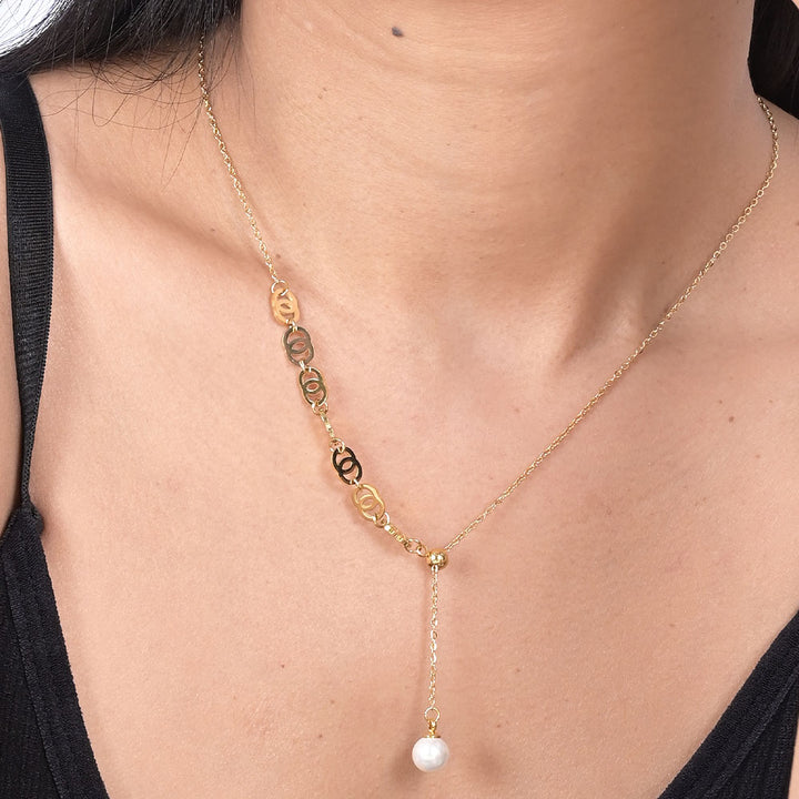 Shop Double Round Geomatric Dangling Pearl Necklace | 18k Gold Plated Palmonas-4