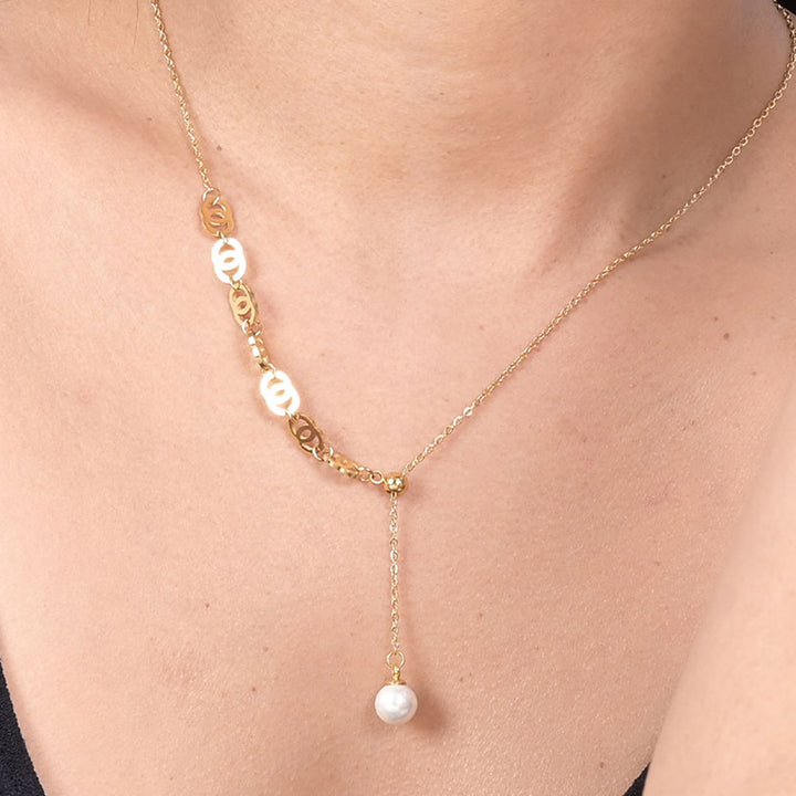 Shop Double Round Geomatric Dangling Pearl Necklace | 18k Gold Plated Palmonas-5