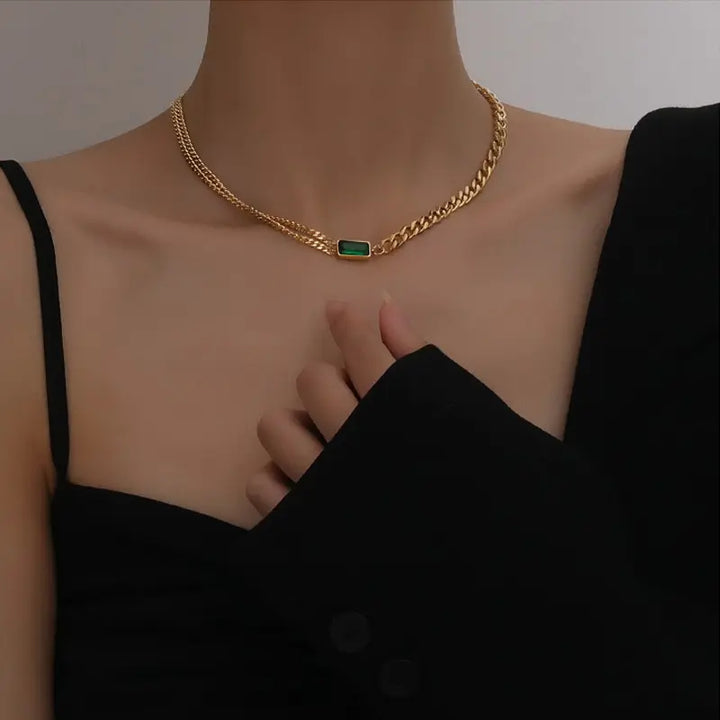 Shop Emerald Thick & Double Thin Curb Chain Stackable Necklace | 18k Gold Plated Palmonas-3
