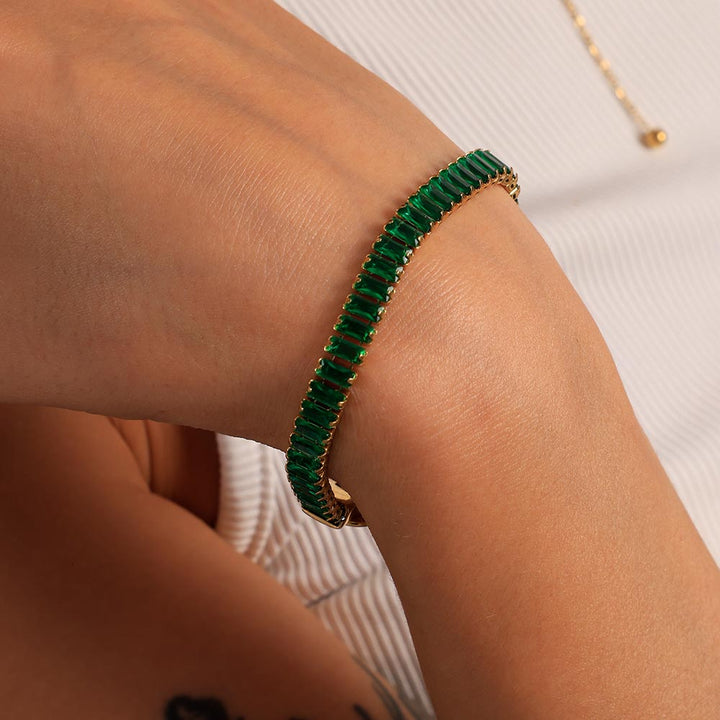 Shop Green Baguette Tennis Bracelet | 18k Gold Plated Palmonas-4