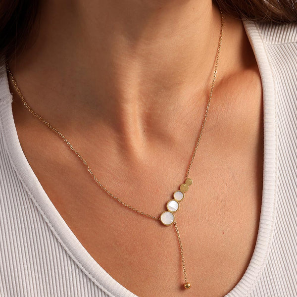 Circles White Pearl Enamel Dangling Necklace- 18k Gold Plated