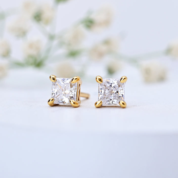 Shop Princess Cut Diamond Stud Earrings | 18k Gold Plated Palmonas-6